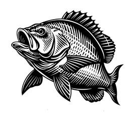 bass fish engraving black and white outline