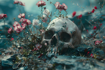 Canvas Print - Transcendent Afterlife Folklore - A Surreal Skull Amidst Haunting Floral Decay