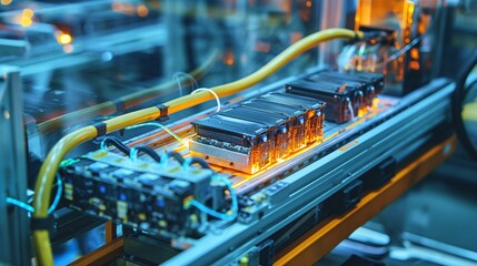 close-up of electric vehicle battery cells being produced on a mass assembly line, highlighting innovation and efficiency