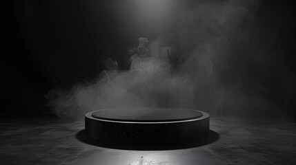 Poster - Podium black dark smoke background product platform abstract stage texture fog spotlight. Dark black floor podium dramatic empty night room table concrete wall scene place display studio smoky dust