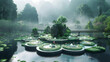 a serene pond surrounded by lush green trees and a bridge, with a variety of water plants including
