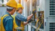 © Phoophinyo - Two industrial air conditioning technicians are connecting wires, servicing the air conditioner.