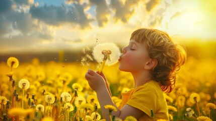 A joyful child blowing on a puff of dandelion seeds in a field of yellow flowers on a sunny afternoon.