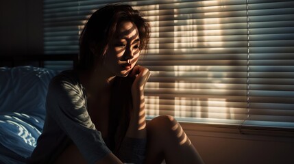 Wall Mural - A Domestic violence: Asian woman sitting depressed alone in bedroom Feeling sad and disappointed in love In a dark bedroom and sunlight from the window coming through the blinds.