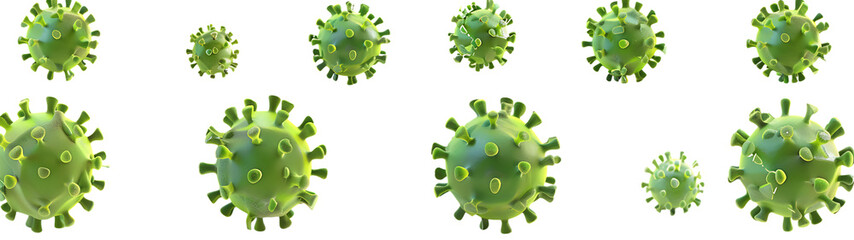 Set of green colored cartoonish stylized coronavirus on white background