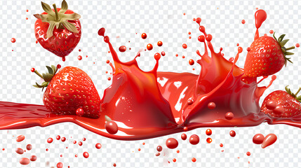 Red paint splash. Tomato, Strawberries. Tomato ketchup sauce splashes or red liquid tomato juice, , isolated on a transparent background. PNG cutout or clipping