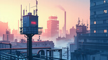 A Digital Illustration Of An Industrial Urban Skyline Enveloped In A Soft Haze Under The Early Morning Light, Depicting A Serene Yet Active City Life.
