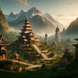 Tranquil Dawn at Mystical Mountain Pagodas in Ethereal Shangri-La Valley
