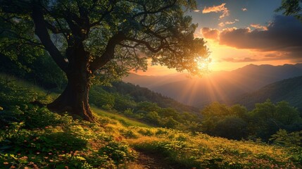 Wall Mural - A tree in a grass field at sunset