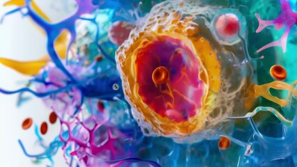 Canvas Print - A colorful composite image of an animal cell with the different structures labeled and highlighted in different colors. This image . AI generation.