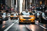 Fototapeta Koty - b'A yellow taxi drives down a busy street in New York City.'