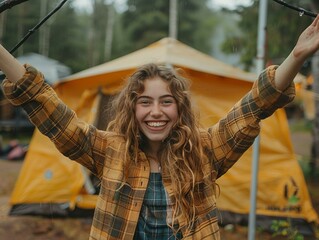 Wall Mural - b'Happy young woman with arms outstretched in front of tent'