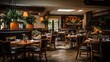 b'Elegant restaurant interior with dark wood and stone'