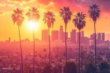 Wall Mural - b'Palm trees and buildings in Los Angeles at sunset'