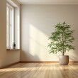 b'A large potted plant sits in a corner of a room with a large window.'