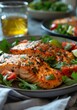 b'Grilled salmon with vegetables and salad'