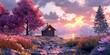 b'fantasy landscape with a cabin near a lake surrounded by pink trees and flowers'