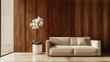 Contemporary minimalist interior featuring a sleek beige sofa, a decorative flowerpot, and wooden panel walls, creating a serene space