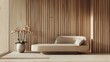 Contemporary minimalist interior featuring a sleek beige sofa, a decorative flowerpot, and wooden panel walls, creating a serene space