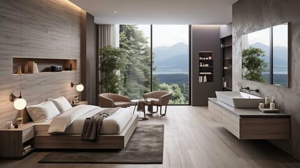 Wall Mural - b'Modern bedroom interior design with large windows and a view of the mountains'