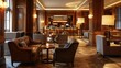 © Paul - Cozy hotel lounge with bespoke wooden furniture, soft leather sofas, and designer floor lamps for a warm ambiance
