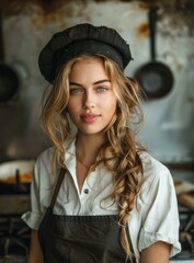 b'portrait of a beautiful young woman chef in a white shirt and black apron'