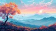 b'Colorful landscape of mountains and trees with a setting sun in the background'