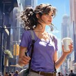 b'A young woman is holding a coffee cup and walking down a crowded street'