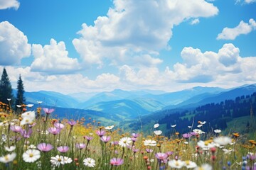 Wall Mural - b'Beautiful mountain landscape with blooming flowers in the foreground'