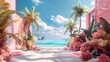© Molang Visual - b'Pink paradise beach with palm trees and blue ocean'