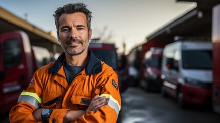 Wall Mural - b'Portrait of a male firefighter in front of fire trucks'