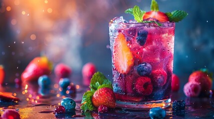 Poster - Glass of refreshing berry drink with ice