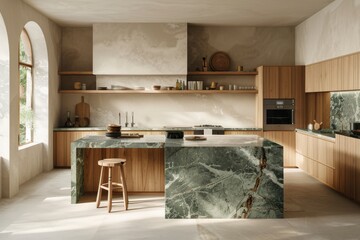 Wall Mural - A kitchen with a marble countertop and wooden cabinets