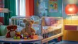 A pediatric ward with colorful accents and child-sized furniture. A collection of stuffed animals and toys rests on a table next to an empty crib.