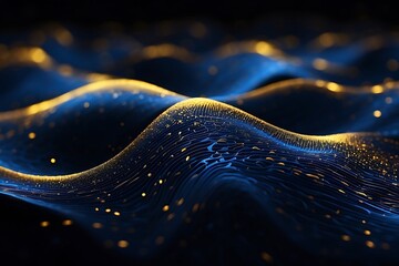 Digital Abstract wavy background with golden glittering particles, for tech, AI, data, audio, graphics, and more