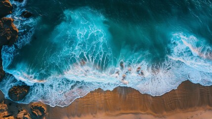 Wall Mural - Bird's-eye view of ocean waves hitting rocks