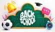 Back to school chalkboard vector template design. Back to school greeting text in green board cloud with educational ball, bell, alarm clock and graduation cap elements concept. Vector illustration 