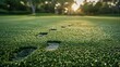 A footprints left in the morning dew on a fairway, leading towards the green, symbolizing the journey of a golf hole
