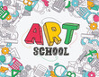 Art school vector template design. Back to art school text with educational doodle materials, supplies and elements for creative and artistic background. Vector illustration art school template. 
