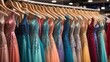 A clothing rack full of colorful evening gowns.

