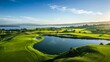 A breathtaking panoramic view of a sprawling golf course with rolling green fairways, shimmering water hazards, and bunkers in the distance.