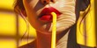 A close shot of woman drinking juice through straw with seductive pose against vibrant yellow backdrop a concept of summer refreshment and big space for text, Generative AI.