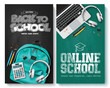 Back to school vector poster set design. Online school e learning virtual education and back to school greeting with backpack elements for flyers lay out collection. Vector illustration back to school