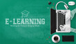 E learning school vector template design. Back to school e learning text with laptop computer device, headphone and mouse learning device for distance education in green board background. Vector 