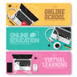 Online school education vector banner set design. Back to school online education and virtual learning text with laptop computer technology device for educational lay out collection. Vector 