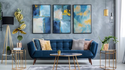 blue sofa in the middle of a bright living room interior with gold metal side tables and three paintings on a gray wall