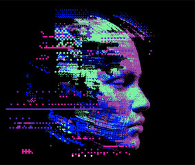 Aufkleber - Glitched and pixelated silhouette of a 3D human head on a dark background. Conceptual vector illustration about man in the age of technology. 