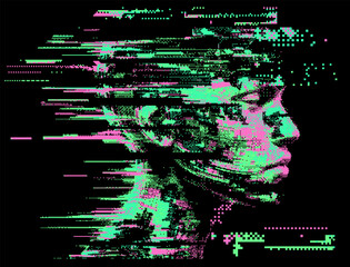 Wall Mural - Glitched and pixelated silhouette of a 3D human head on a dark background. Conceptual vector illustration about man in the age of technology. 