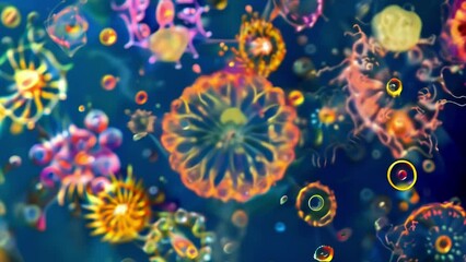 Sticker - A mesmerizing image of a swarm of plankton each with its unique shape and color resembling a kaleidoscope of colors and patterns that . AI generation.