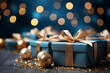 Blue Christmas gift boxes with gold bow on blue defocused holiday background.